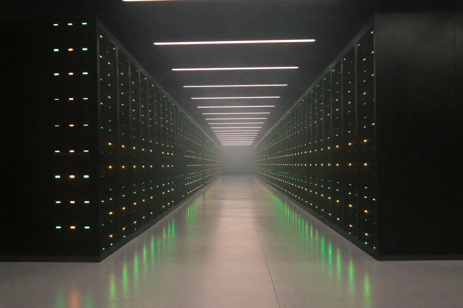 An empty cold aisle inside a modern data centre, two long rows of black server racks studded with green and amber status lights receding to a vanishing point with no people present — the machine layer now behind roughly one in four UK page fetches