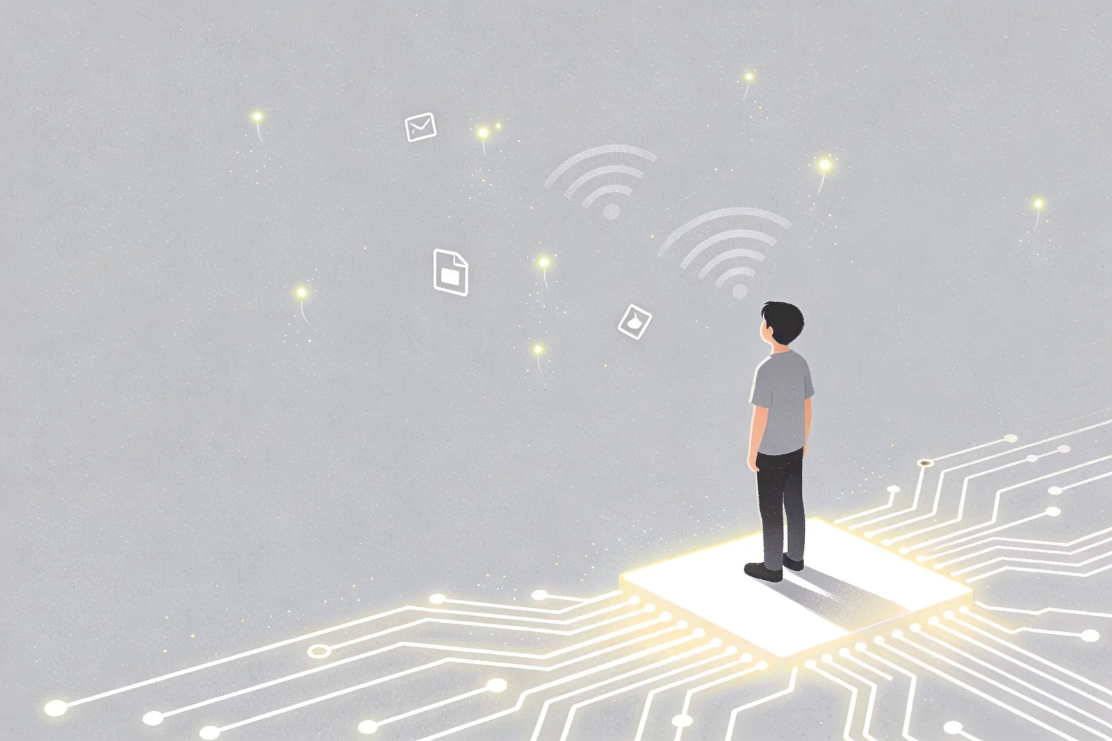 Young figure standing at the edge of a softly glowing circuit-board landscape with small app icons hovering nearby like fireflies — visual metaphor for UK Gen Z growing up inside the internet
