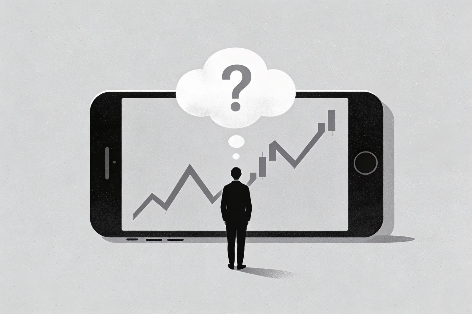 Small figure standing in front of an oversized smartphone showing jagged financial graph silhouettes with a cloud of question marks hovering above — visual metaphor for UK Gen Z financial anxiety