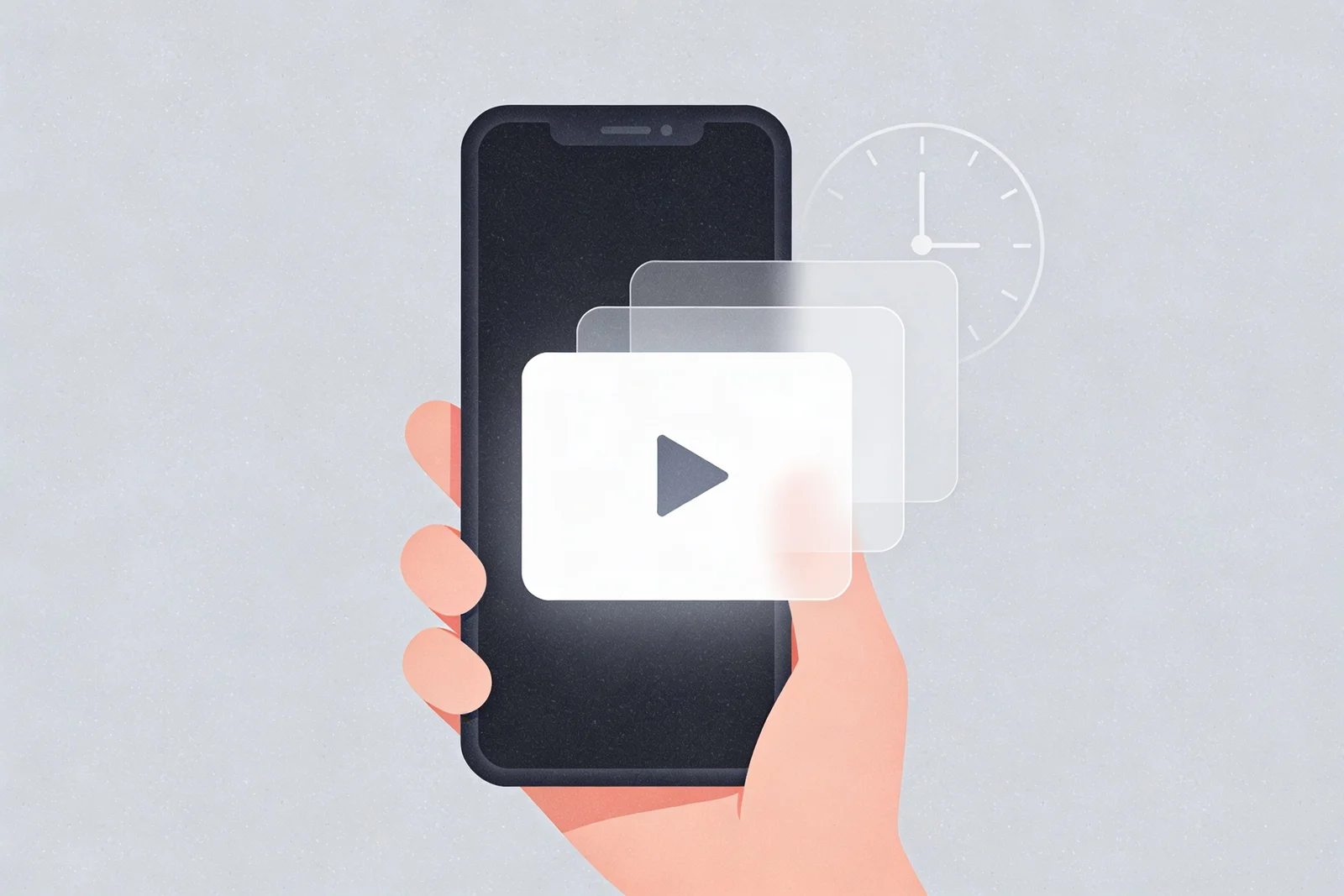 Oversized smartphone with floating translucent app rectangles stacked above the screen and a faint clock in the background — visual metaphor for UK Gen Z mobile-first social media use and time-on-app concentration