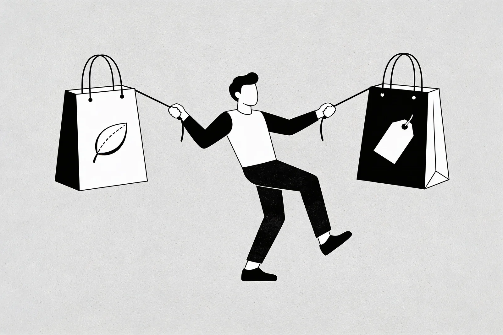 Figure holding two shopping bags pulled in opposite directions — one with a leaf icon, one with a price tag — mid-tug between sustainability and affordability