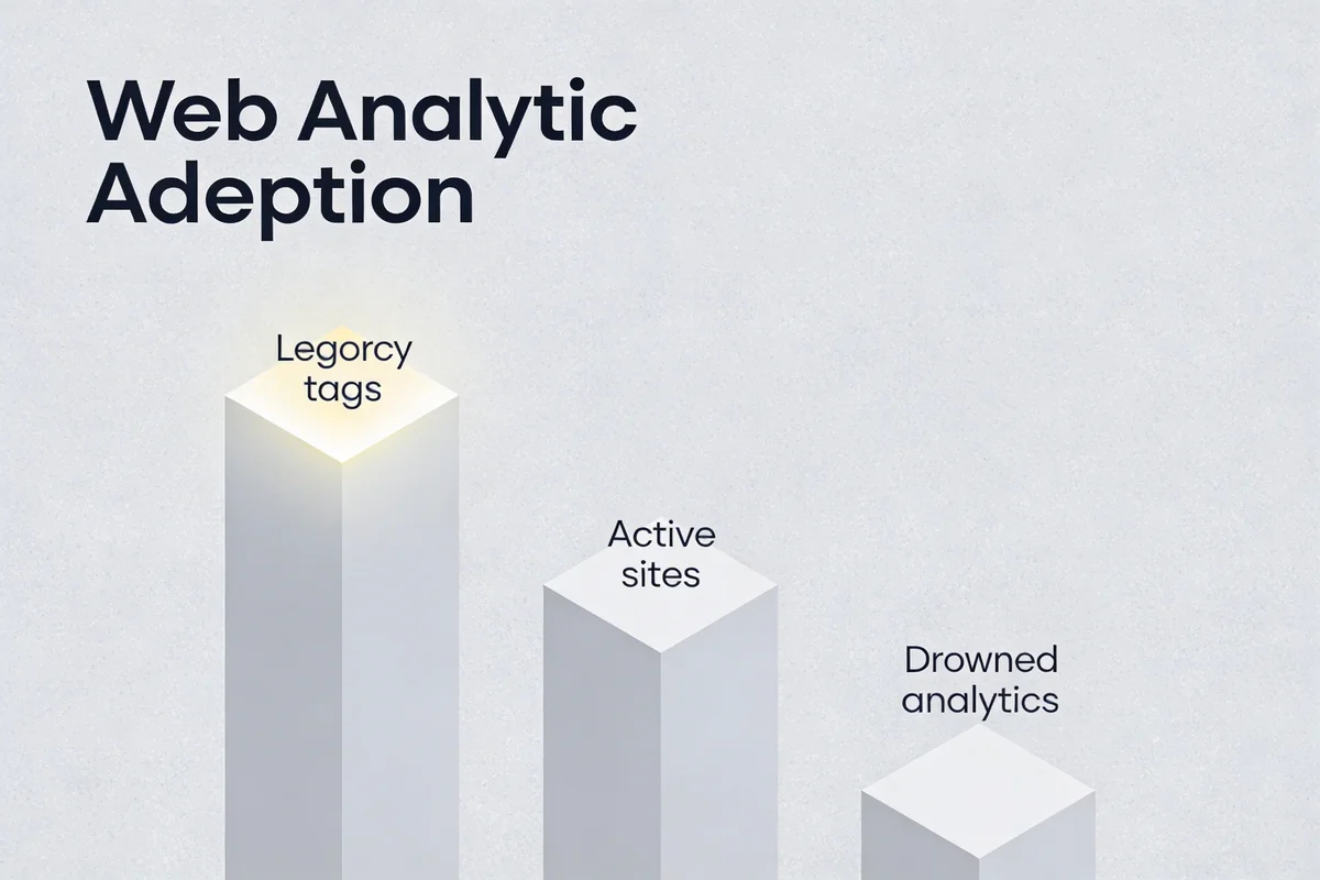 GA4 adoption statistics showing 6M legacy tags still active, 3.69M GA4 active domains, and 7.09M sites that dropped analytics entirely
