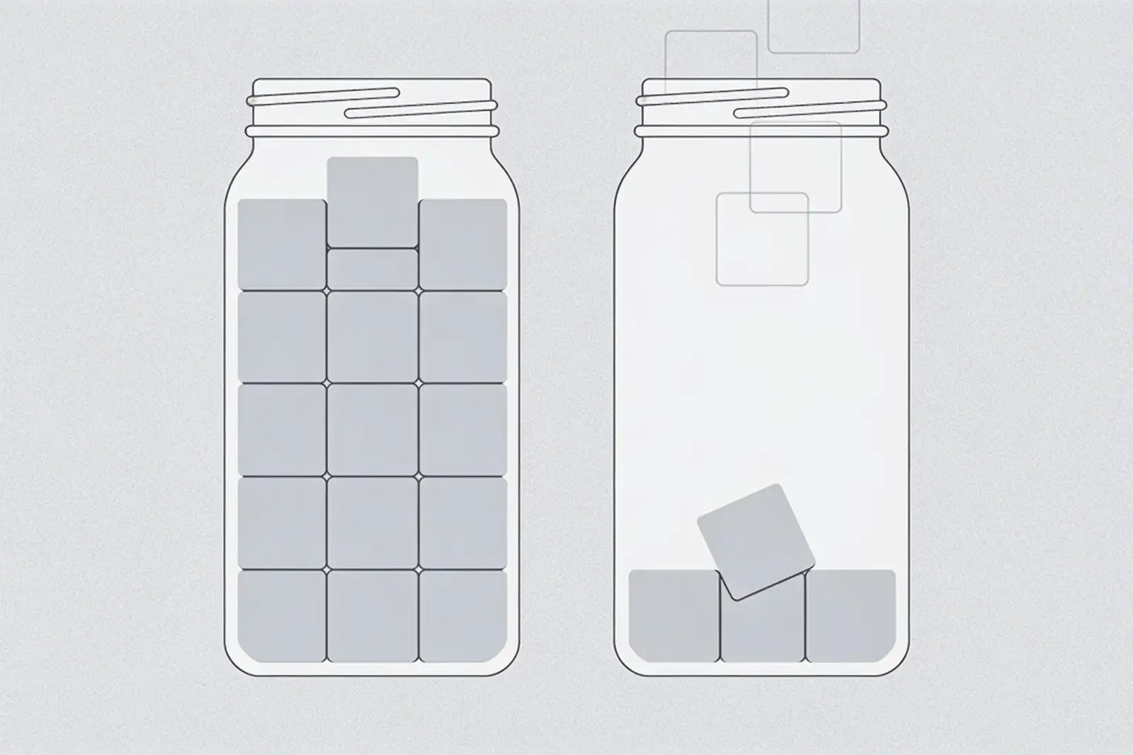 Two jars side by side, one packed with solid blocks and one nearly empty with faint outlined blocks above it, illustrating committed versus trial cloud workloads