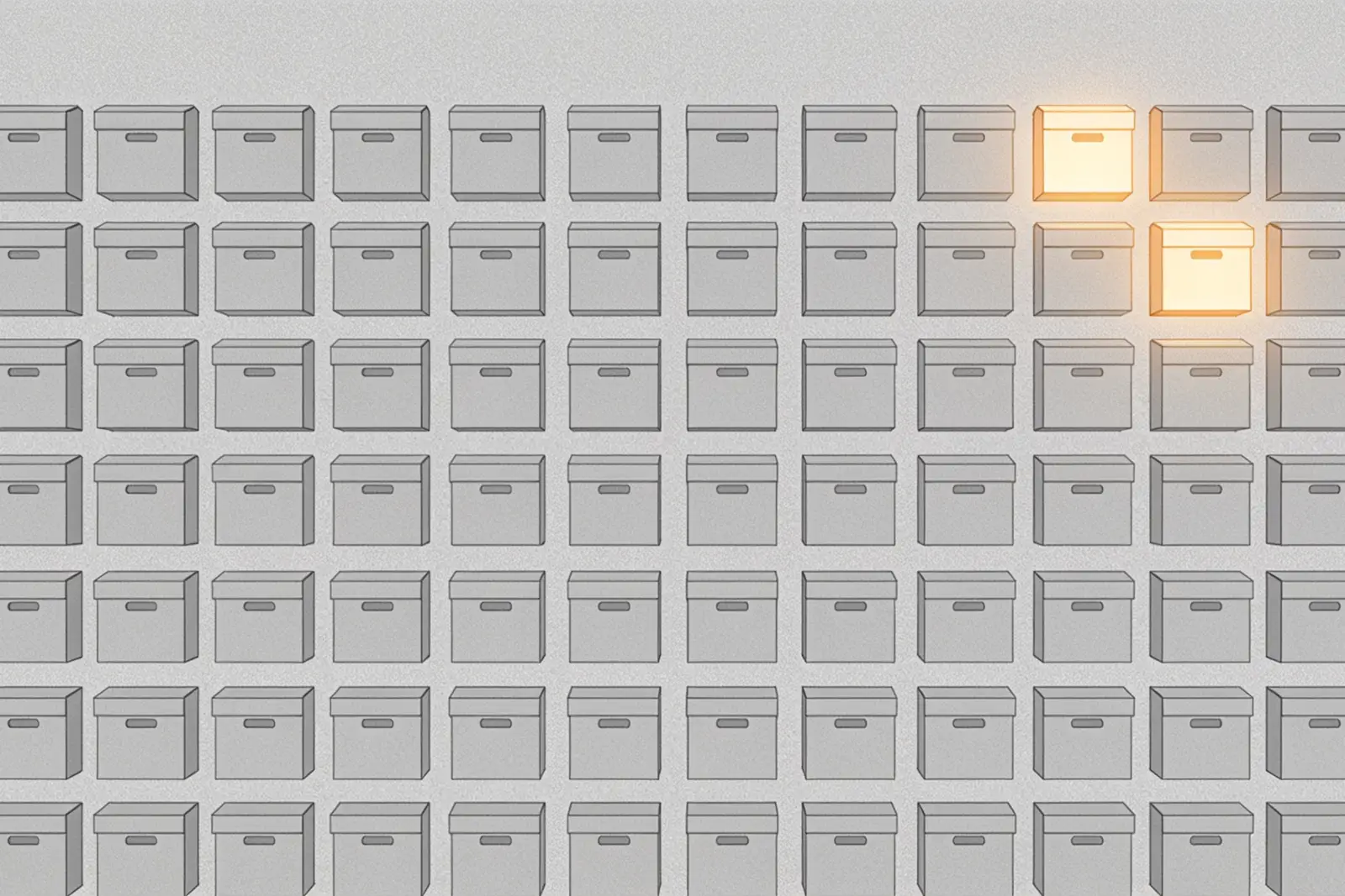 A large grid of identical plain grey boxes with only three glowing amber, illustrating how few AI listings sit among the marketplace's virtual machine products