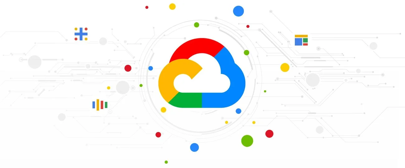 The Google Cloud logo at the centre of a circuit-board diagram, surrounded by icons for BigQuery, Compute Engine and other platform services — Google Cloud brand imagery, via Google