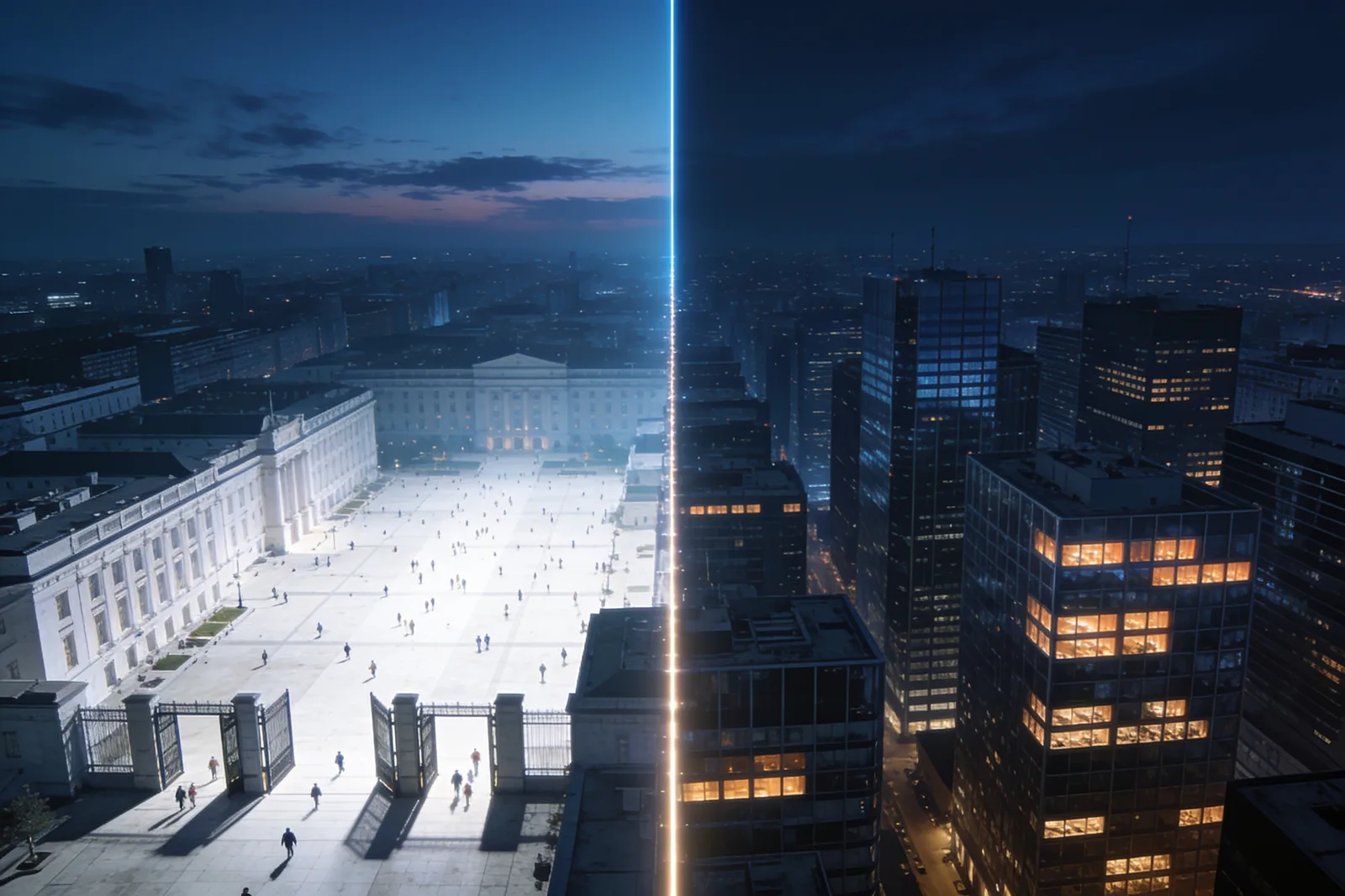 Split aerial cityscape at dusk, bright public plaza versus lit office towers divided by a seam