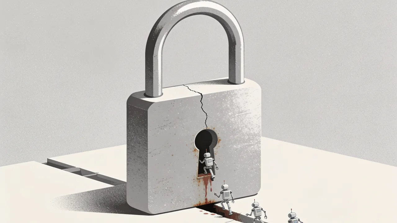 A huge closed padlock with a crack down its face and rust bleeding from the keyhole, small robots slipping through the gap