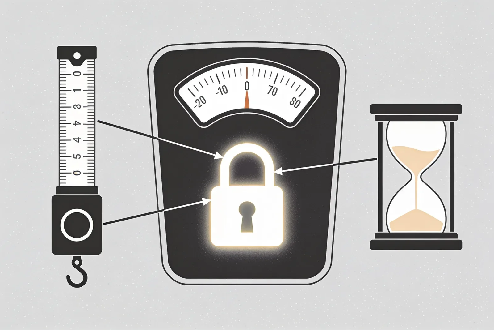 A tape measure, weighing scale and hourglass each measuring the same glowing padlock and showing different readings