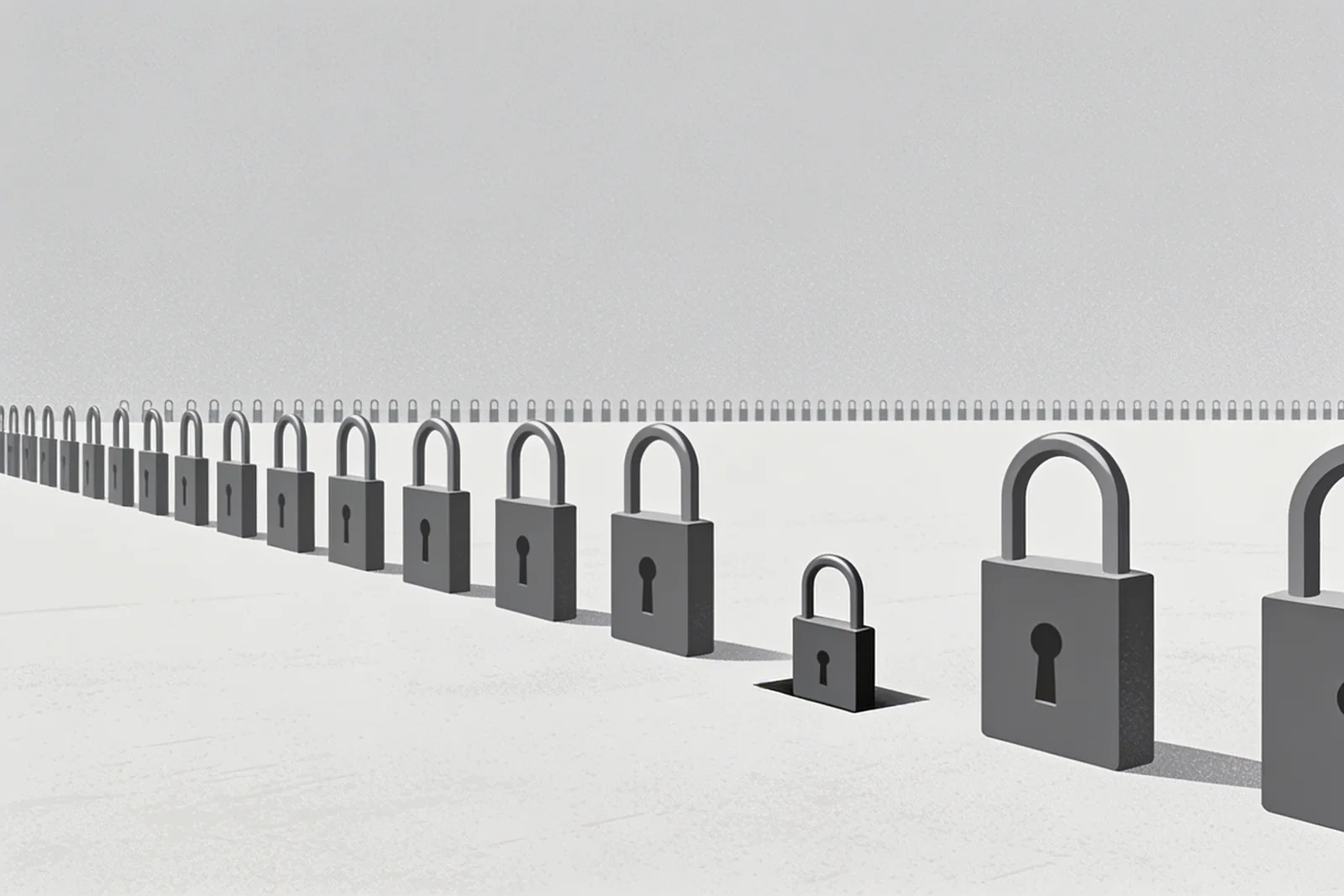 A long line of padlocks standing at almost exactly the same height, with a single one sunken below the rest