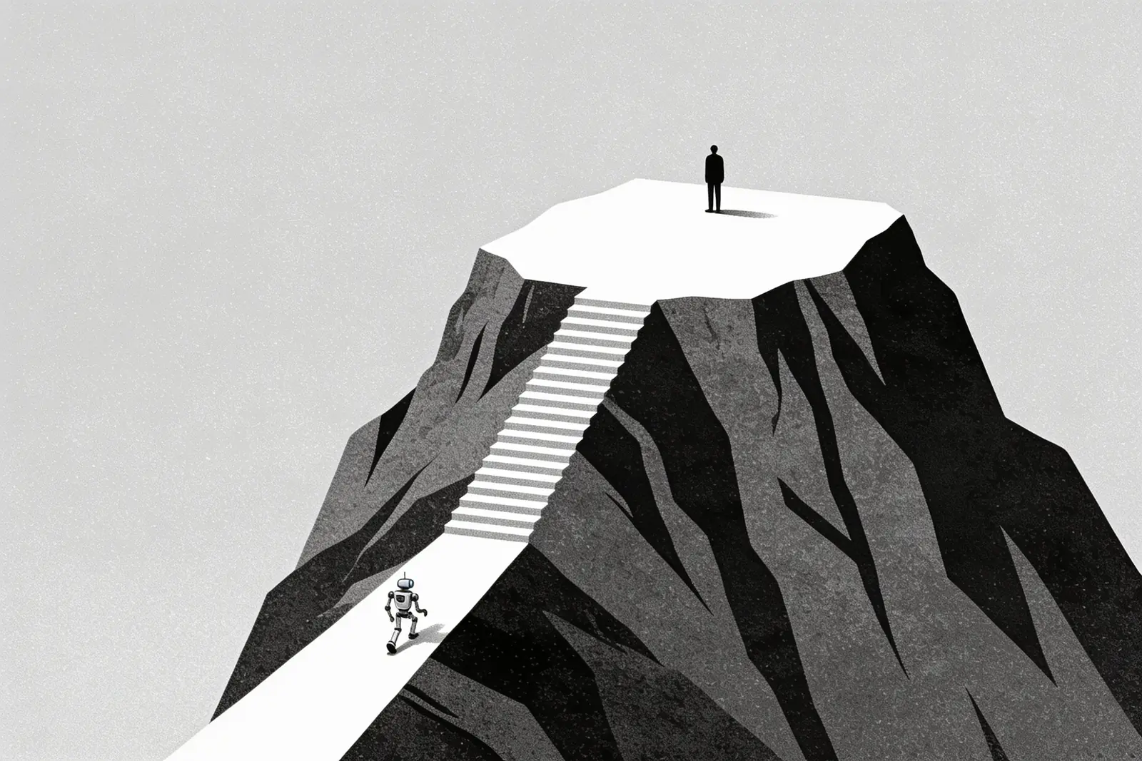 A person standing still on a flat mountain plateau while a small robot is still climbing the slope far below
