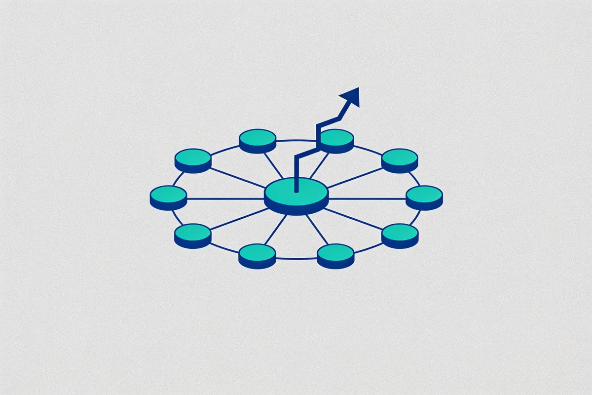 Flat vector illustration of a central hub connected to a ring of nodes with a rising growth arrow, representing HubSpot's market position