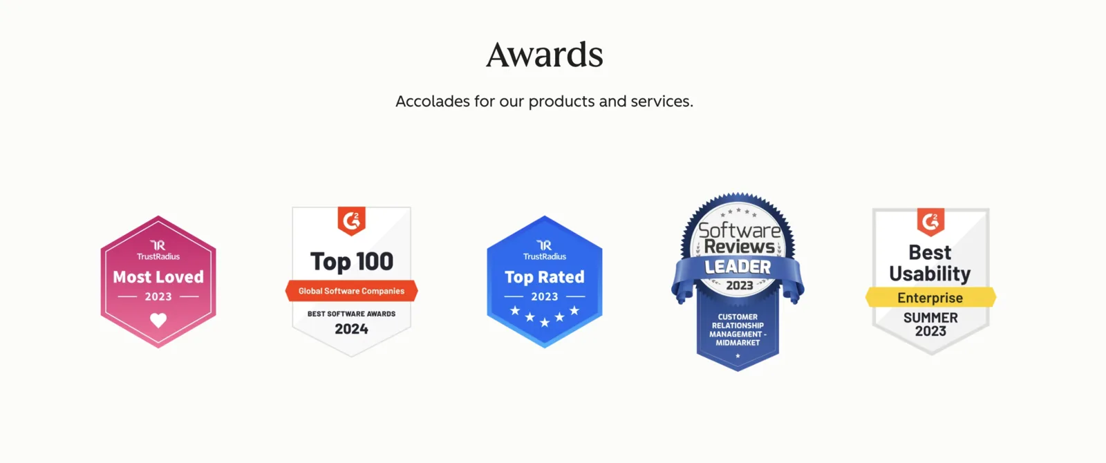 HubSpot third-party awards including G2 Best Usability, TrustRadius Most Loved, and a SoftwareReviews CRM leader badge