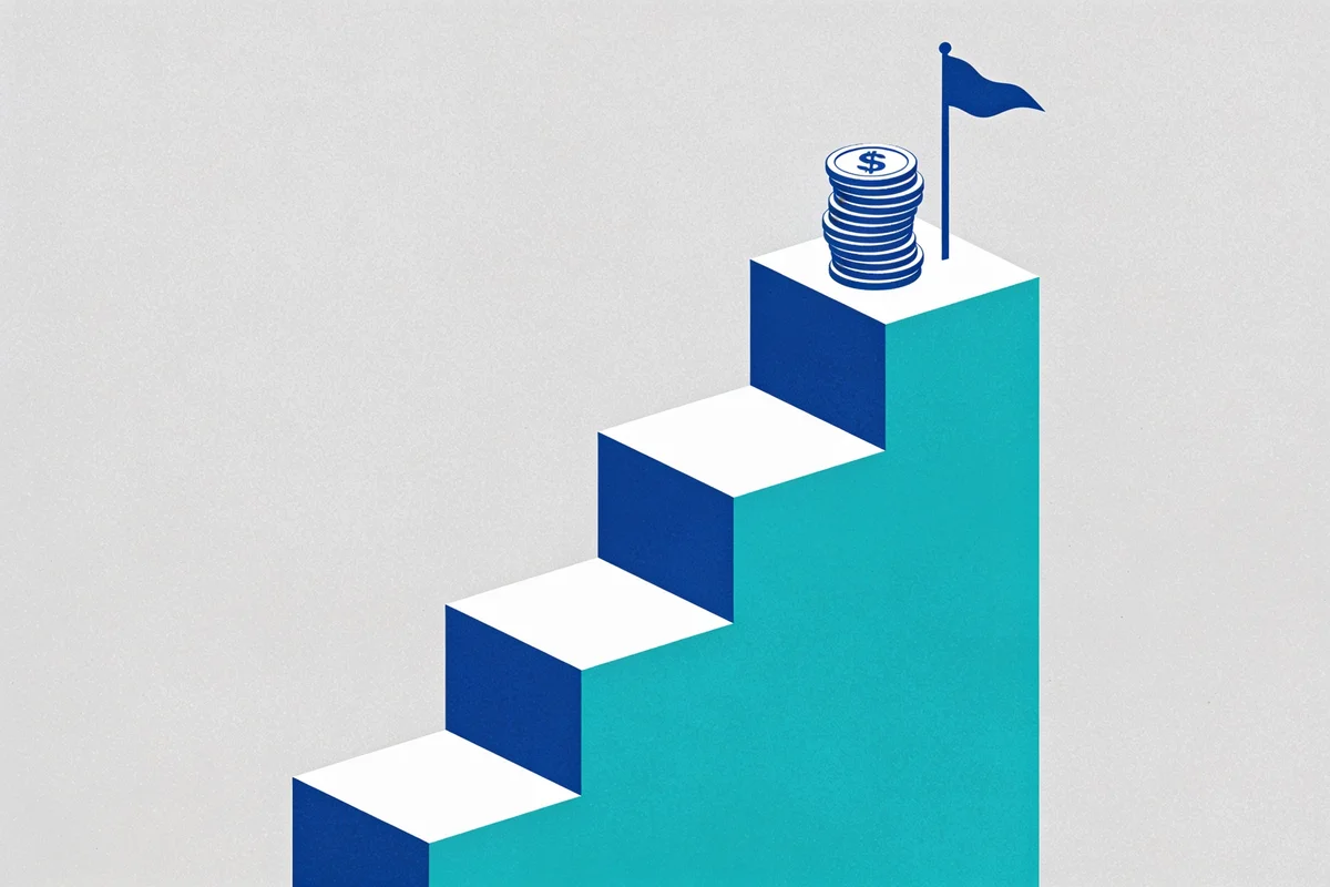 Flat vector illustration of an ascending staircase topped by a coin stack and a flag, symbolizing HubSpot revenue growth reaching profitability