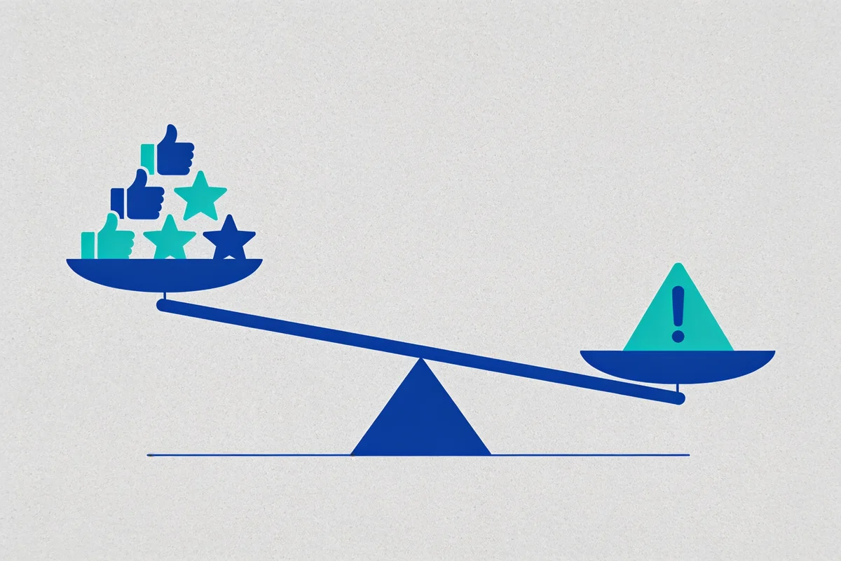 Flat vector illustration of a balance scale tilting toward thumbs-up and stars over a single warning triangle, representing HubSpot review sentiment