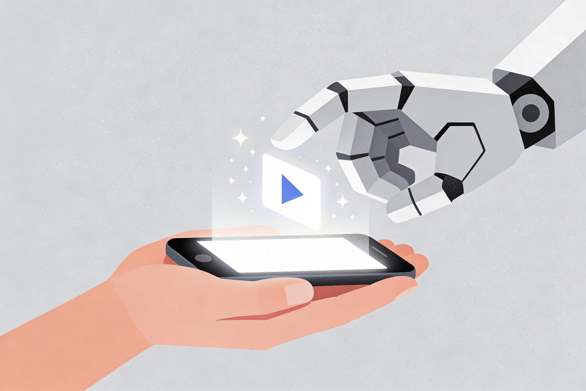 A robot hand and a human hand together holding a smartphone that projects a video play button, representing AI assisting content creators