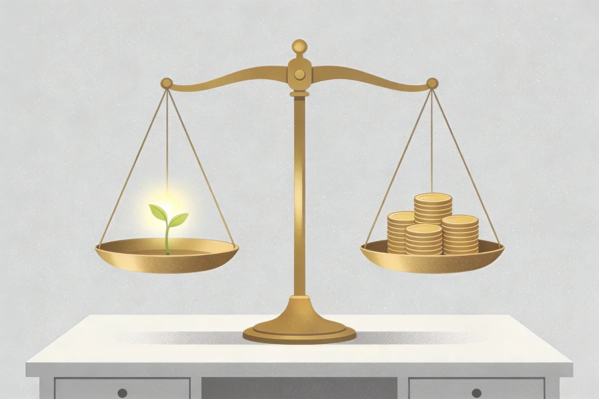 Balance scale weighing a glowing sprout against a stack of coins, representing the return on investment of influencer marketing
