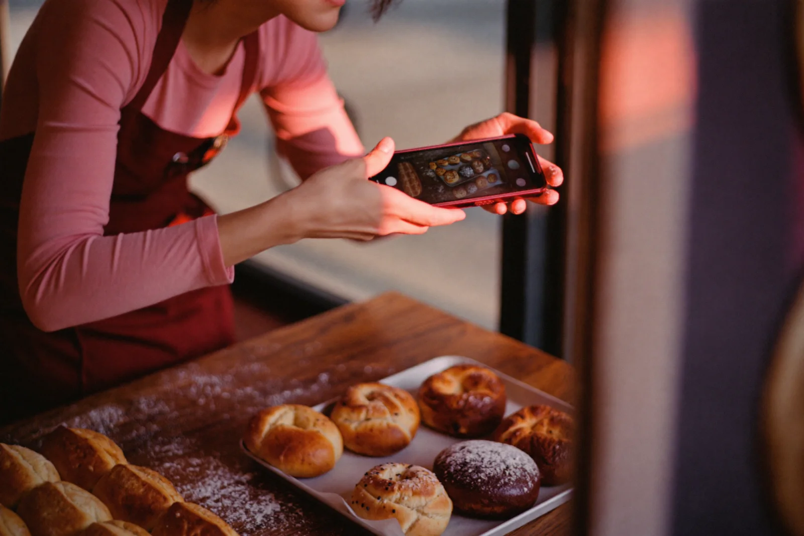 A baker in an apron leaning over a wooden counter to photograph a tray of fresh pastries with a phone, the shot framed on screen, illustrating the small visually-driven businesses that link Instagram from their websites