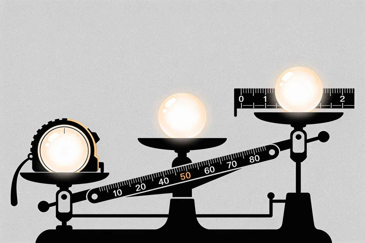 Three measuring instruments — a tape measure, a balance scale, and a ruler — each giving the same glowing orb a different reading, illustrating the three different ways to count Instagram's user base