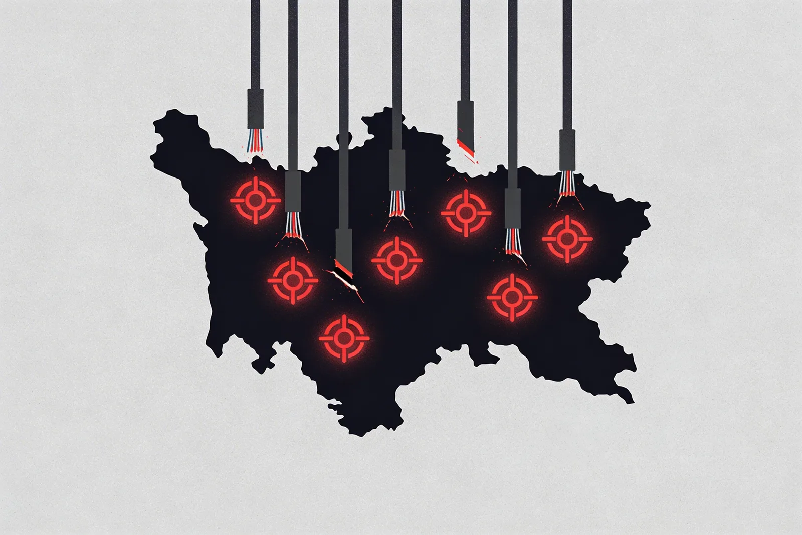 Illustration of severed fiber optic cables over country silhouette representing Iran internet shutdown
