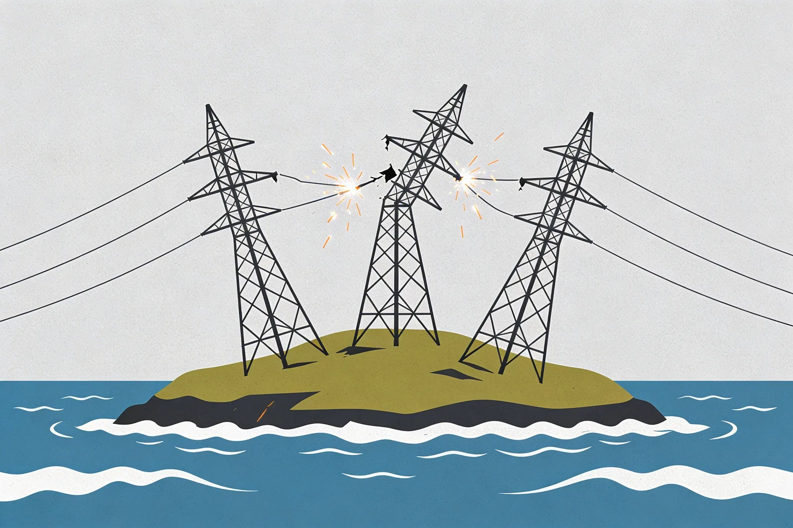 Illustration of broken power transmission towers on island representing Cuba nationwide blackouts