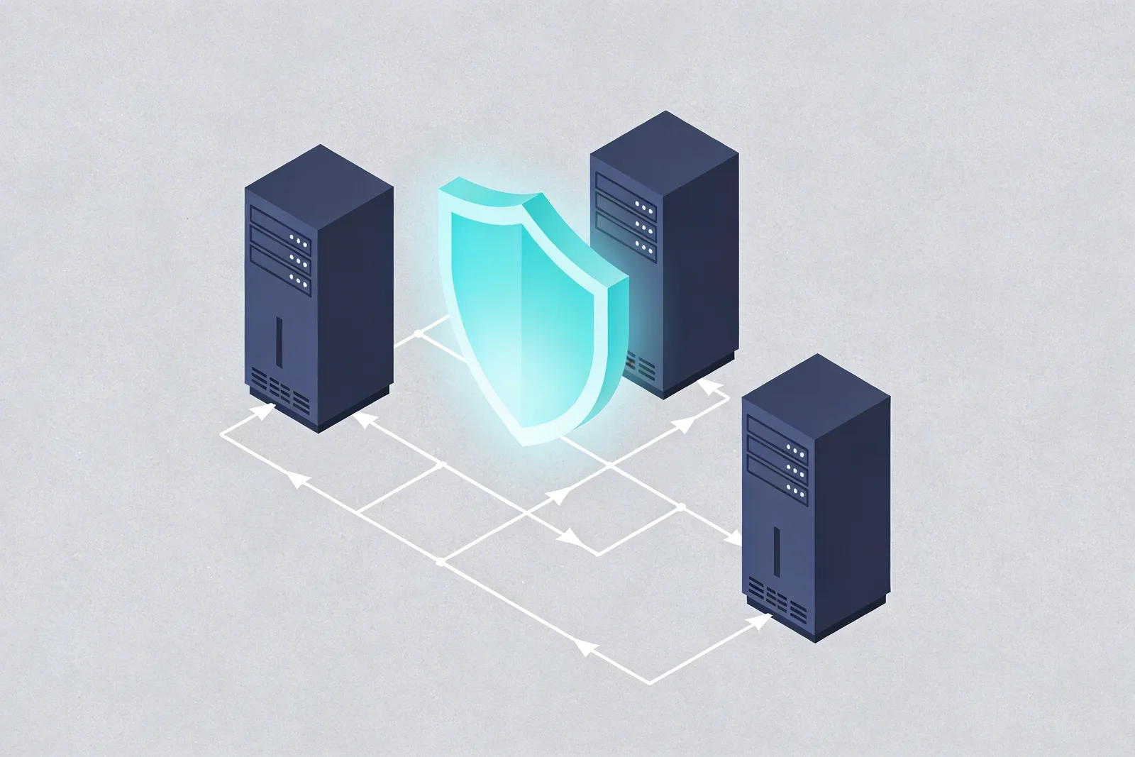 Illustration of shield protecting server racks with redundant network paths for multi-cloud resilience