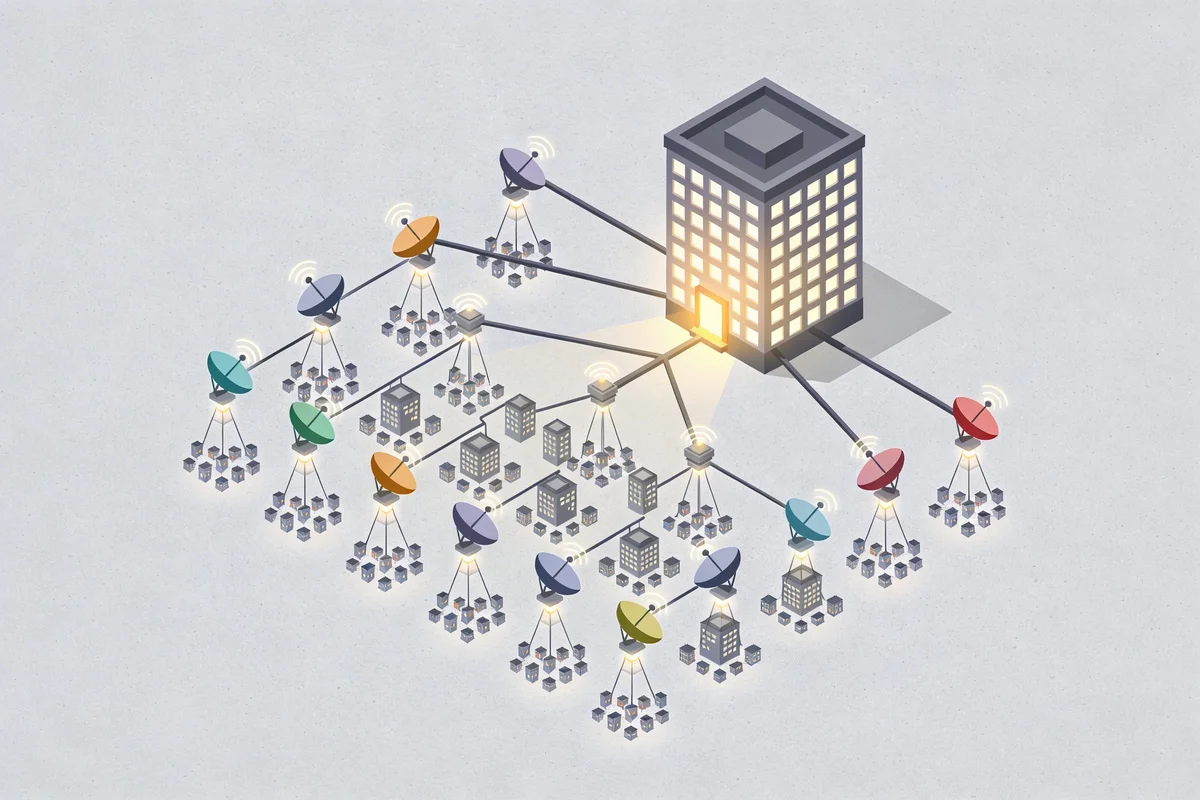 HighLevel agency distribution model with central hub feeding satellite networks