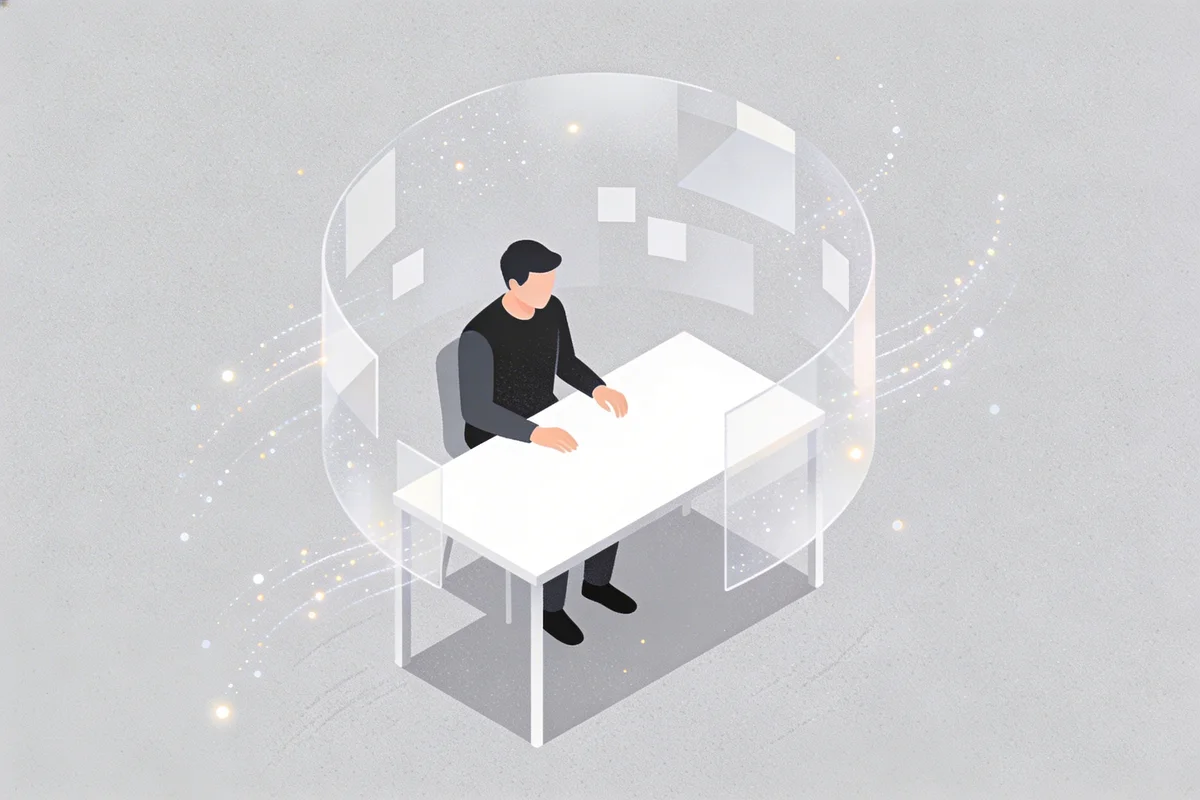 Person at minimalist desk surrounded by invisible marketing technology bubble