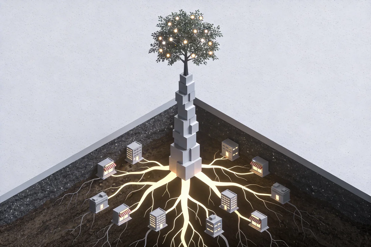 Marketing automation market growth tree with glowing roots connecting to businesses