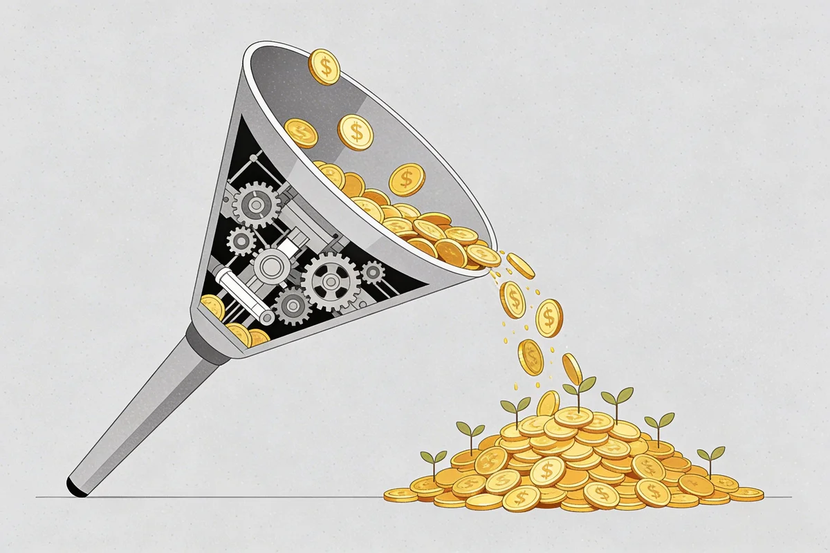 Marketing automation ROI funnel with coins multiplied by automation gears