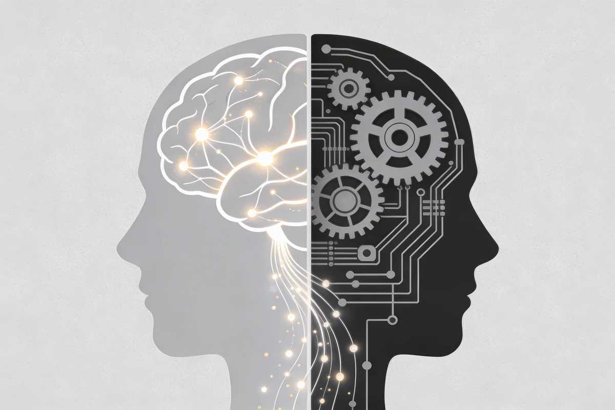 Human and machine intelligence merging — the left side shows an organic brain with glowing neurons, the right side shows mechanical gears and circuit traces, connected by flowing light particles