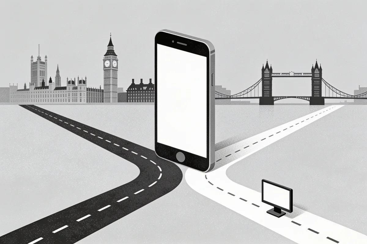 A forked road where the wide, busy route leads to a giant smartphone and a narrow side route leads to a small desktop monitor, with the London skyline behind
