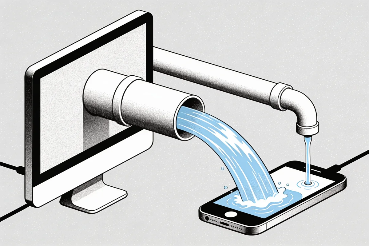 Desktop fixed broadband shown as a gushing pipe versus a thin, slow mobile data trickle to a smartphone