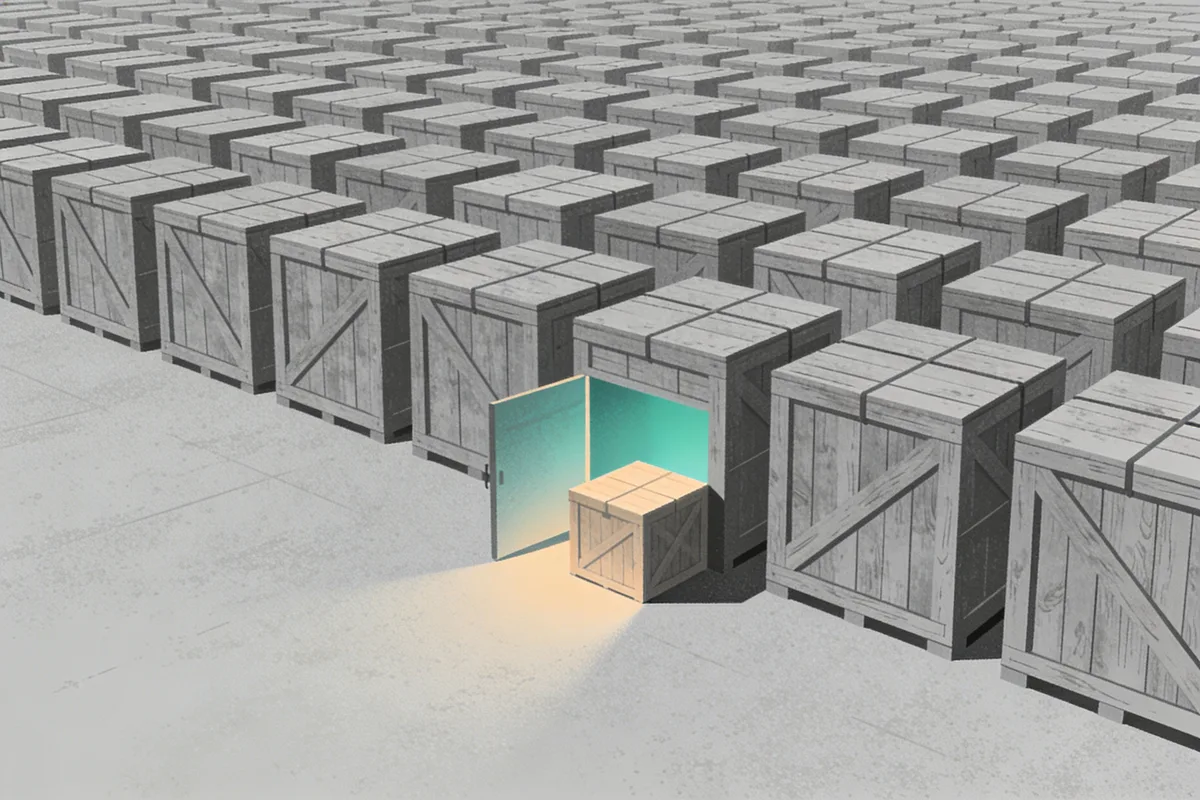 Vast warehouse of identical sealed crates with one opened and glowing teal, illustrating millions of open-source AI projects versus the few actually deployed
