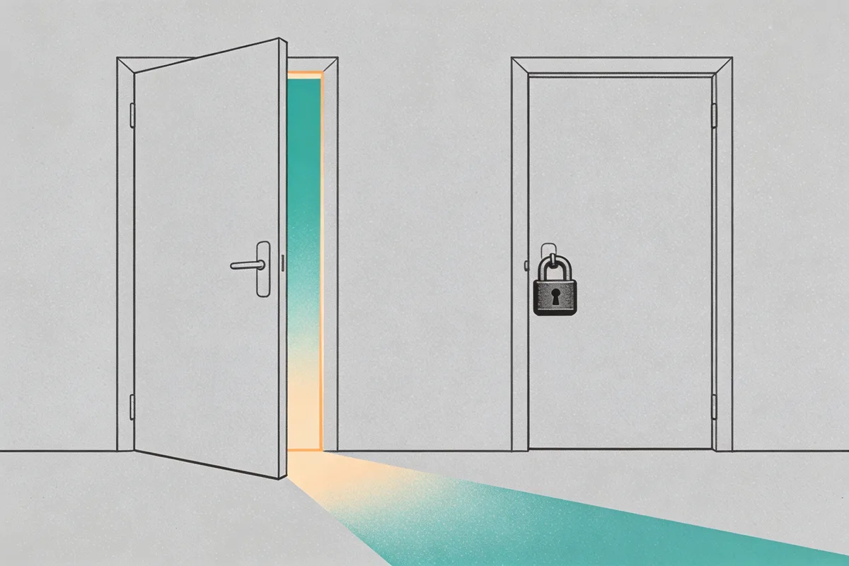 One open door spilling teal light beside a padlocked closed door, representing open-source versus closed AI