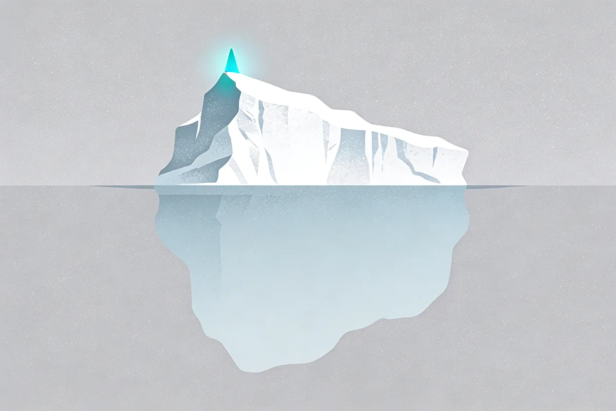 Iceberg with a small glowing tip above the waterline and a huge mass submerged below, representing millions of projects versus tiny visible deployment