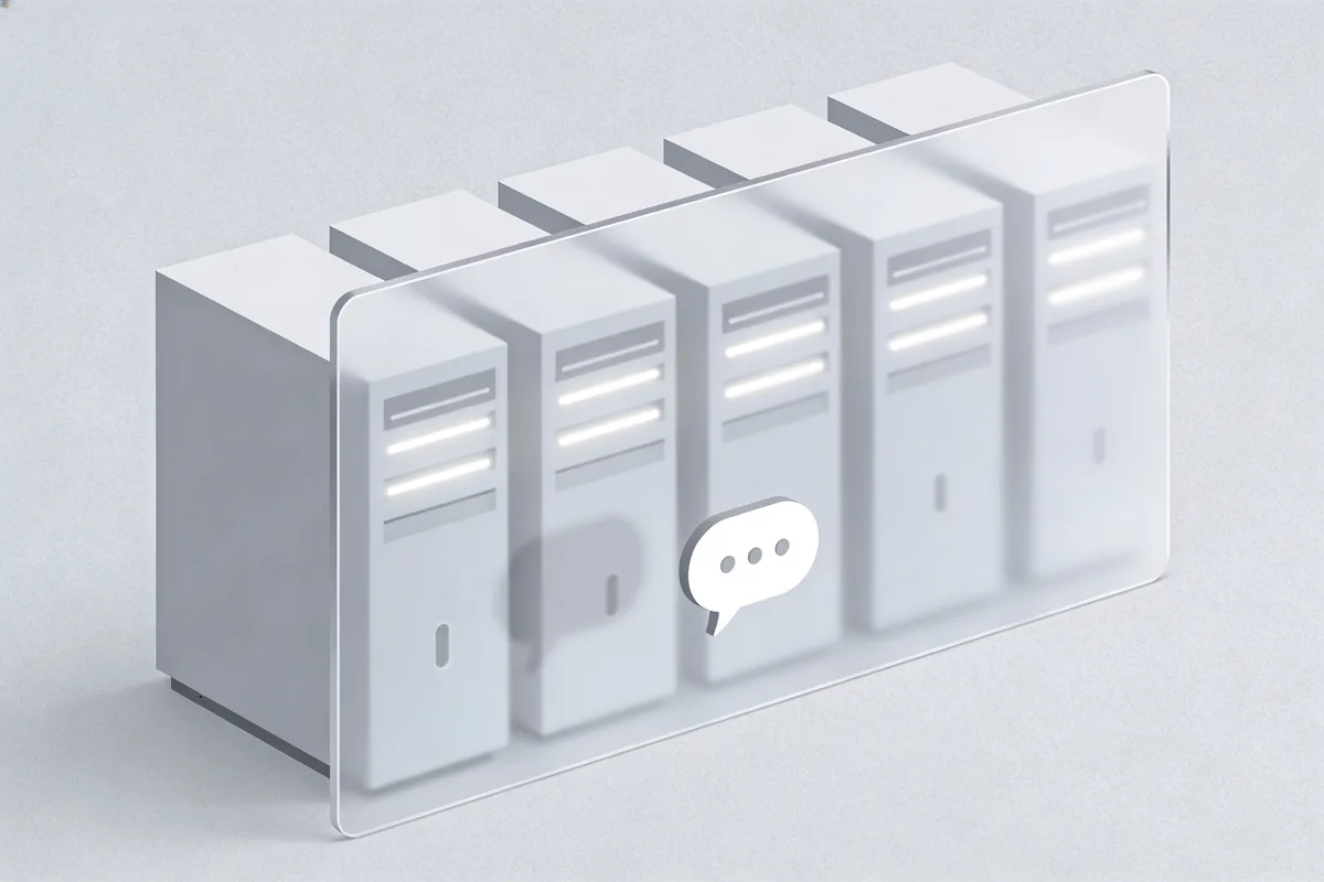 Server towers behind a frosted glass wall with only a chat bubble visible, showing how backend open-source AI runs server-side