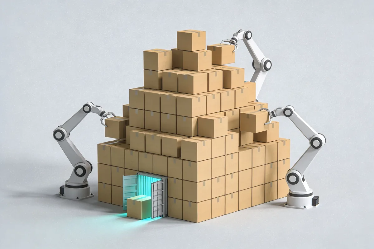 Robotic arms piling crates onto a huge stack while a small teal-lit shipping doorway at the base stays the same size, showing AI agents inflating open-source supply faster than deployment