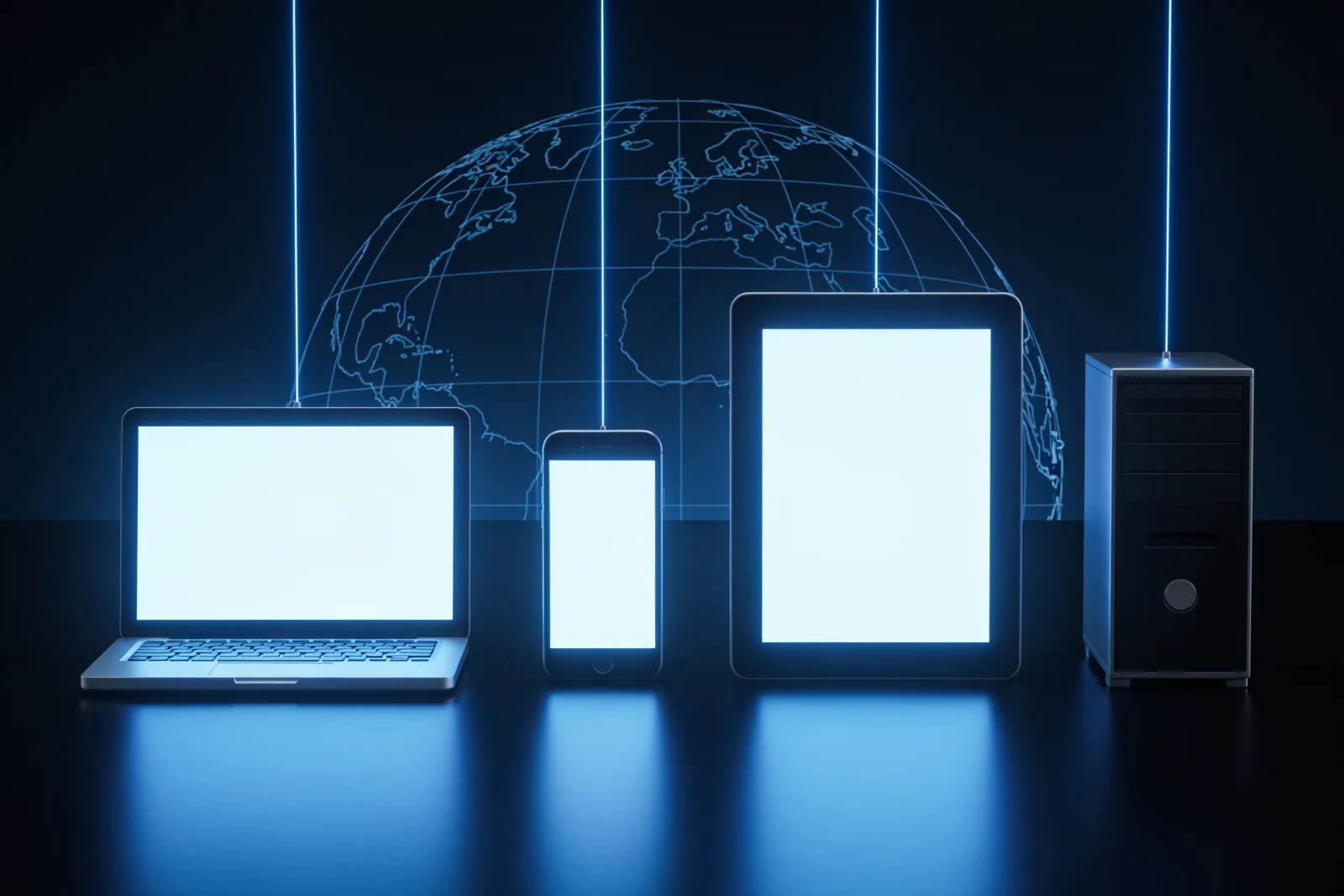 Four glowing devices in a row against a wireframe globe on a dark navy background