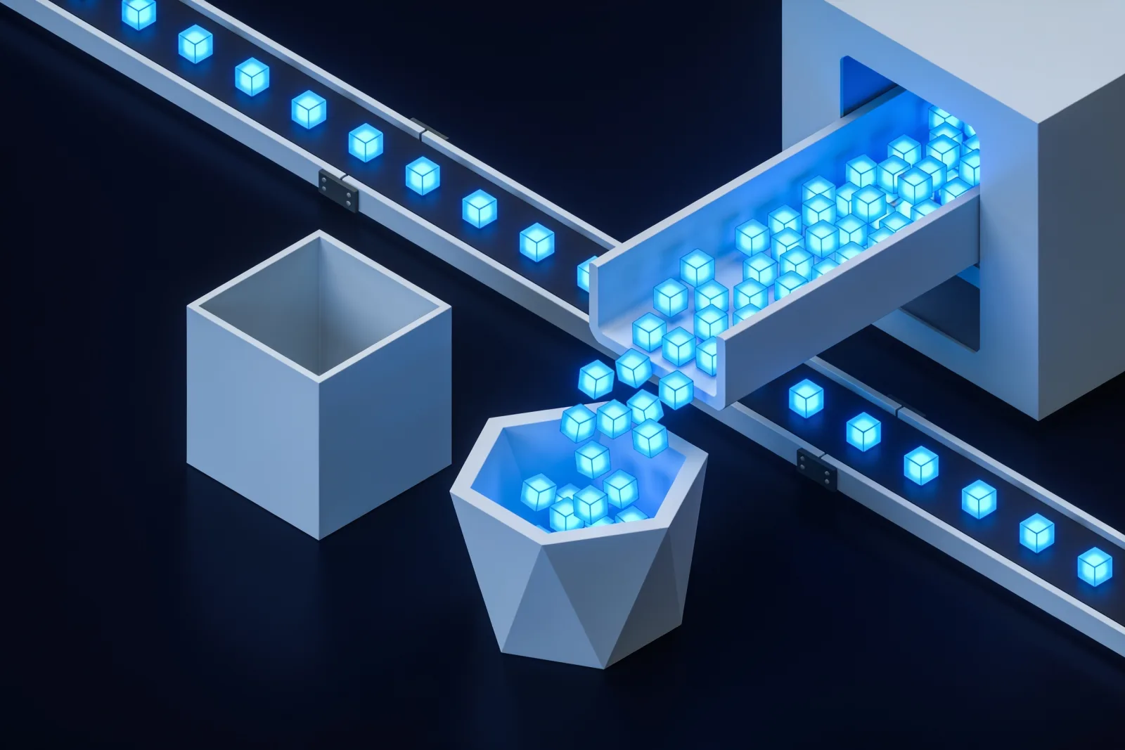 Glowing cubes on a track being diverted by a gate into a differently shaped bin