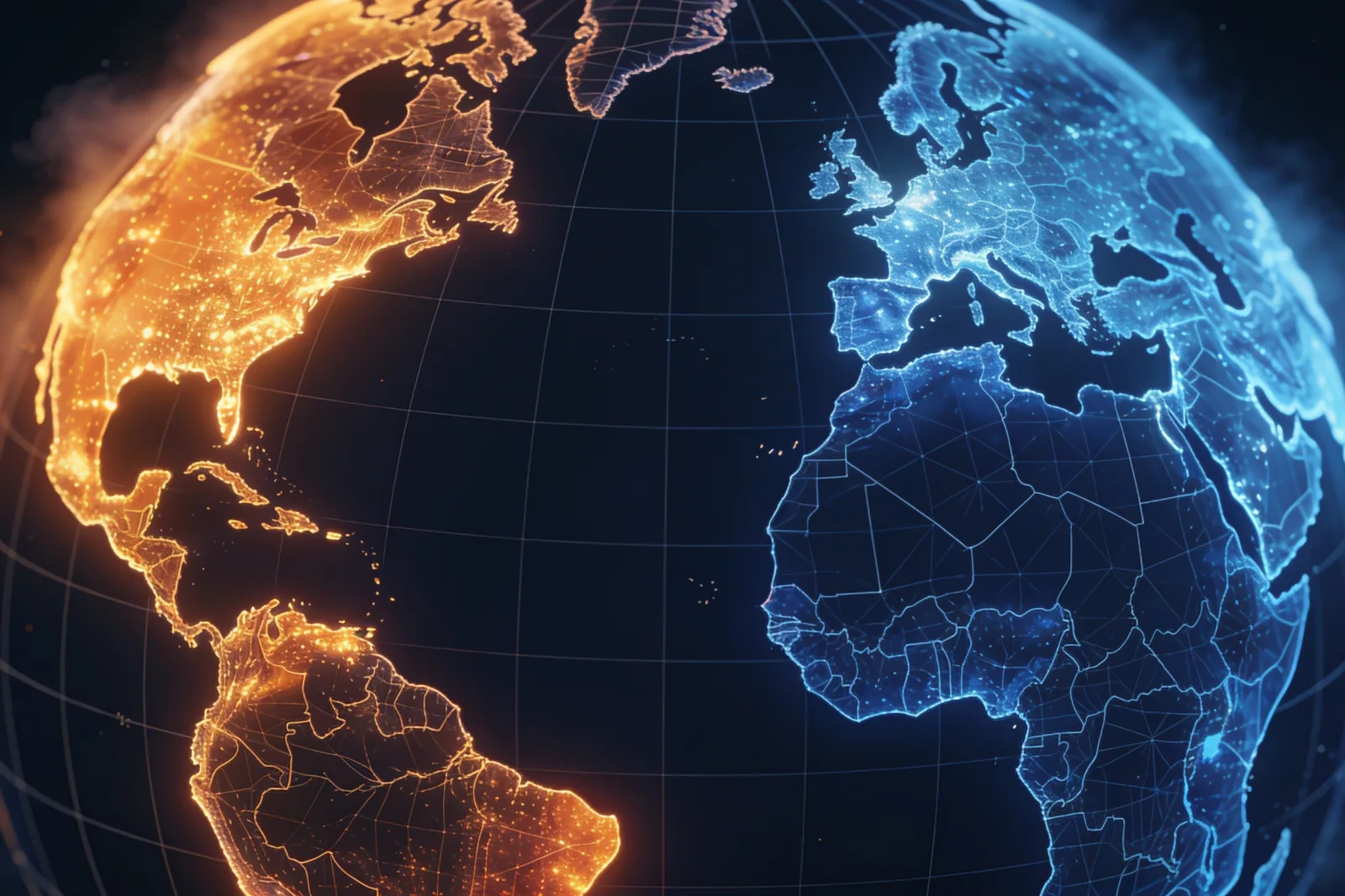 Wireframe globe with Africa and South Asia glowing warm, North America and Europe glowing cool