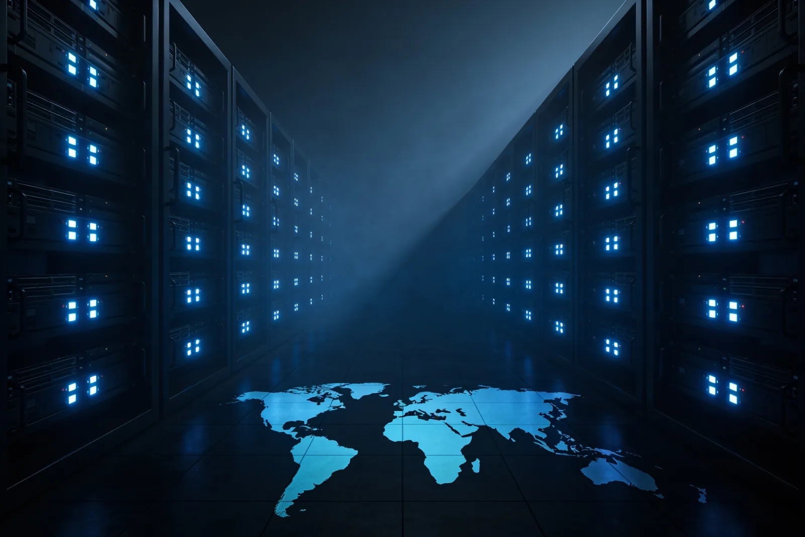Rows of dark server racks with blue status lights, a world map projected across the aisle floor