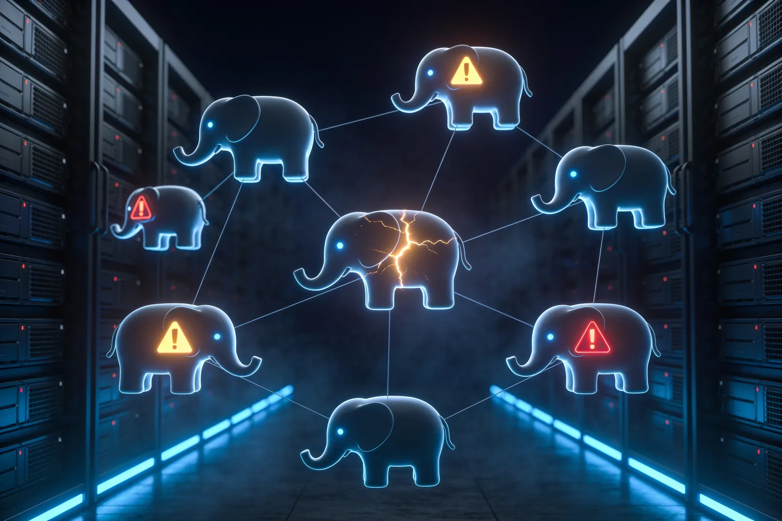 Network of elephant-shaped PHP server nodes, one cracked open, others flashing warning alerts