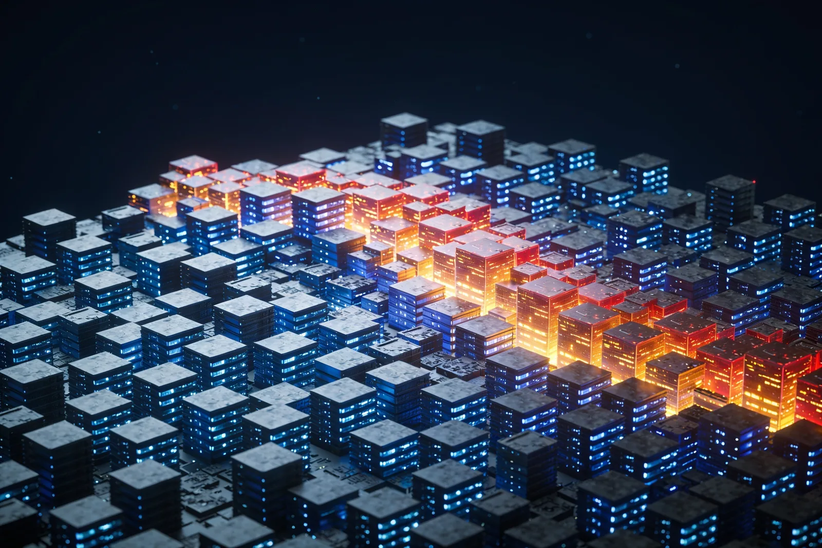Isometric city of server blocks, a cluster glowing amber and red among blue ones