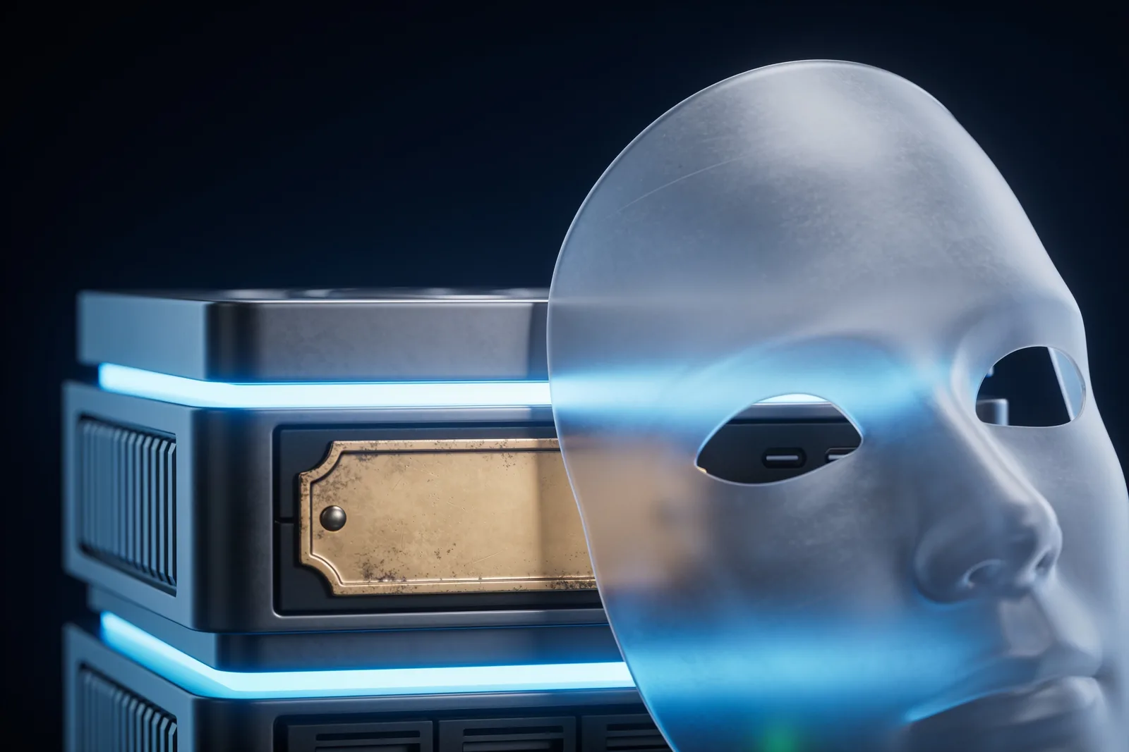 Modern server with a blank brass nameplate half hidden behind a translucent mask