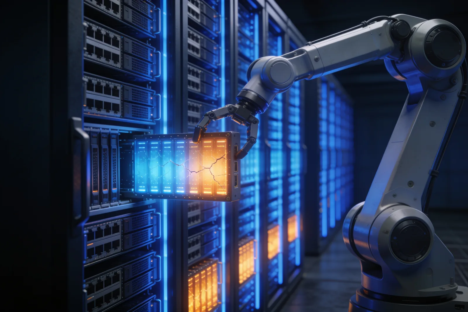 Robotic arm swapping a cracked amber server module for a healthy blue one