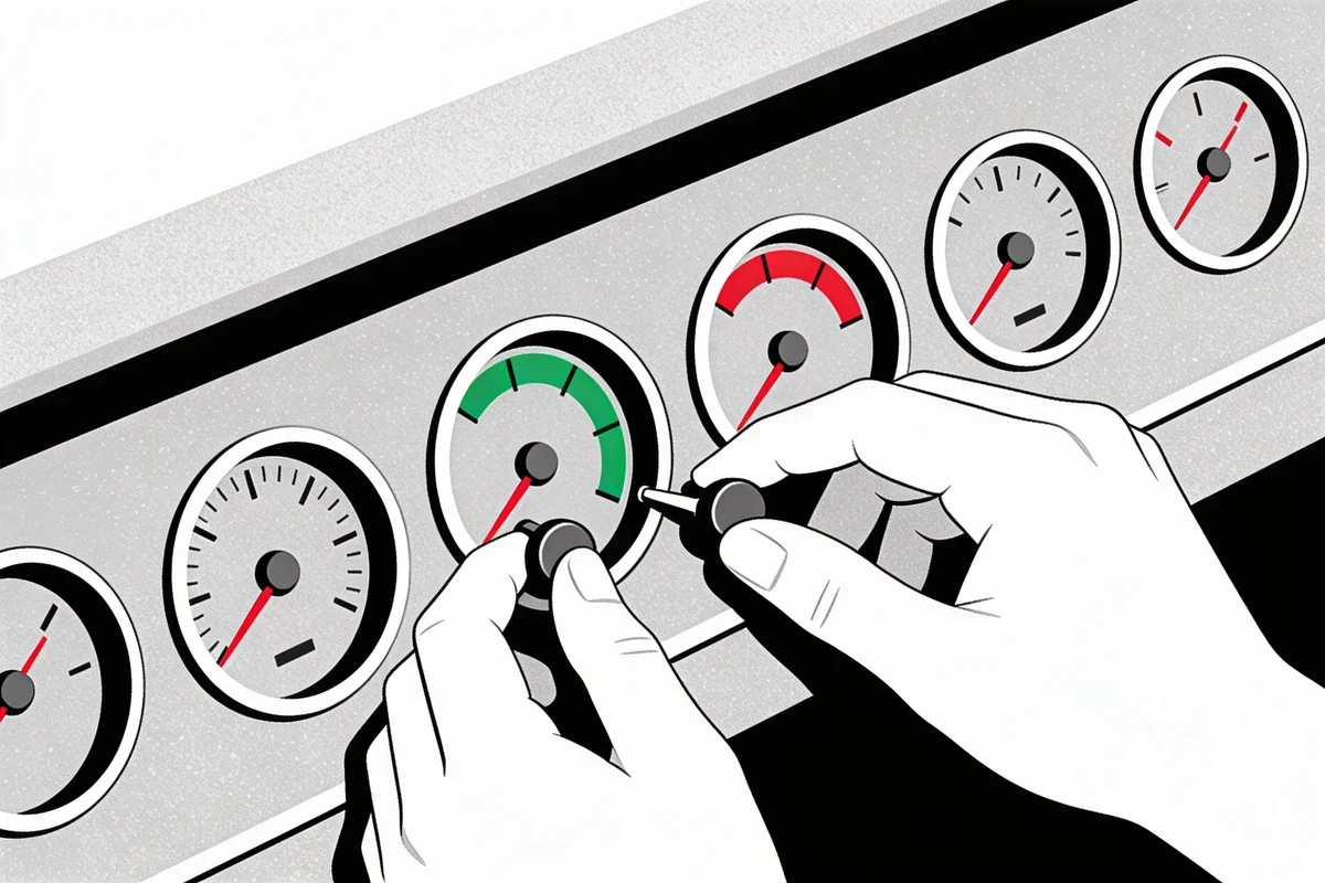 Illustration of a dashboard control panel with gauges showing green and red zones for AI crawler metrics