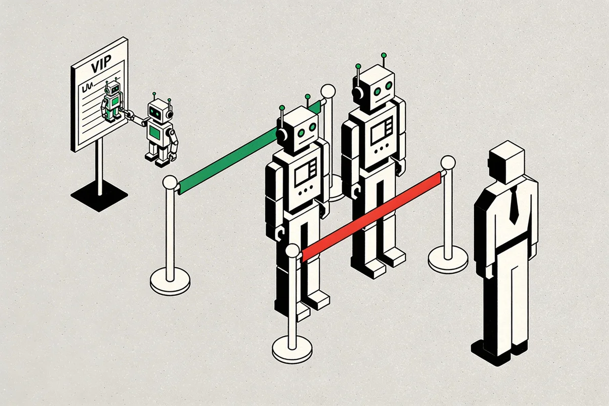 Illustration of AI crawlers being allowed versus blocked at a digital checkpoint with green and red lanes
