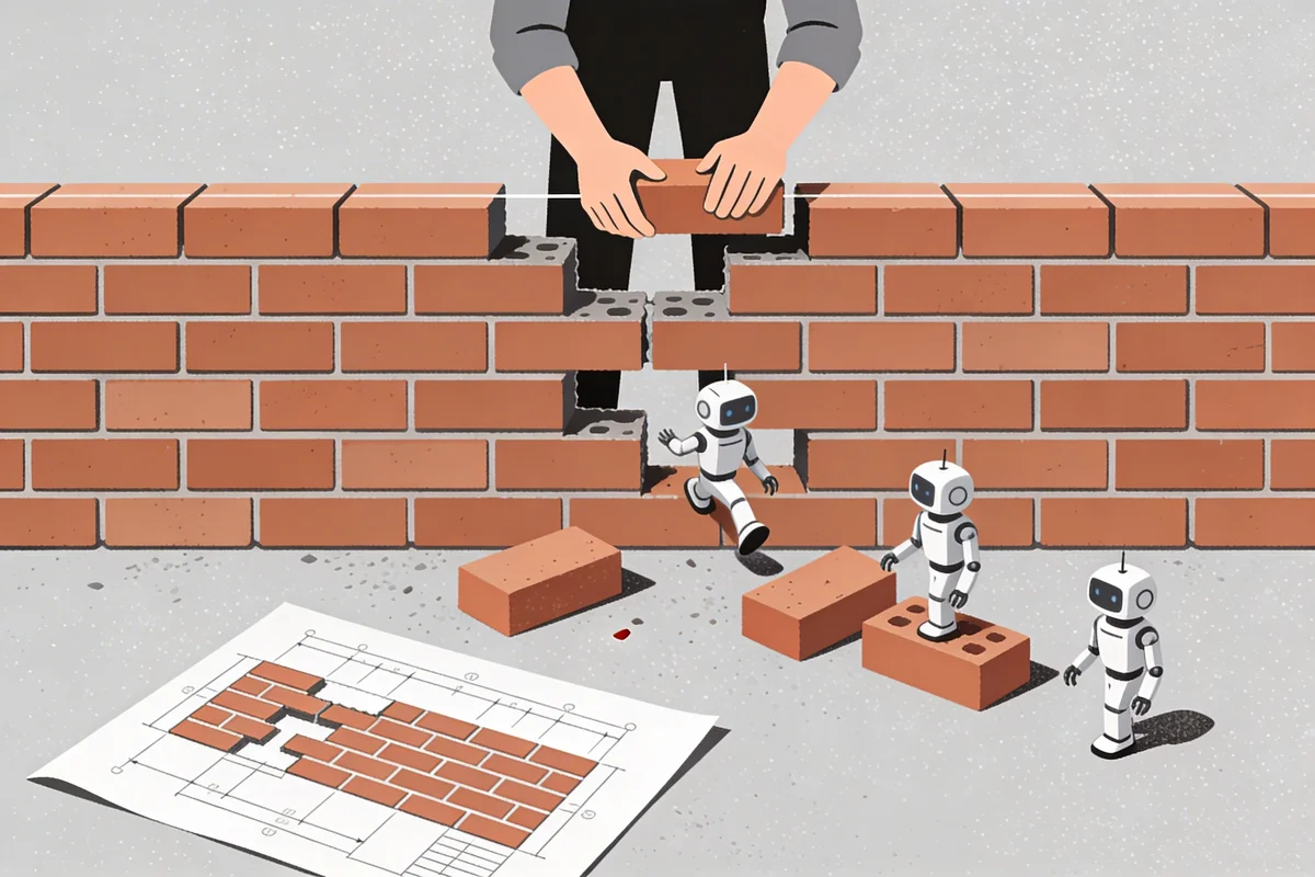 Illustration of a poorly built wall with gaps letting robot figures slip through while correct blueprint sits ignored