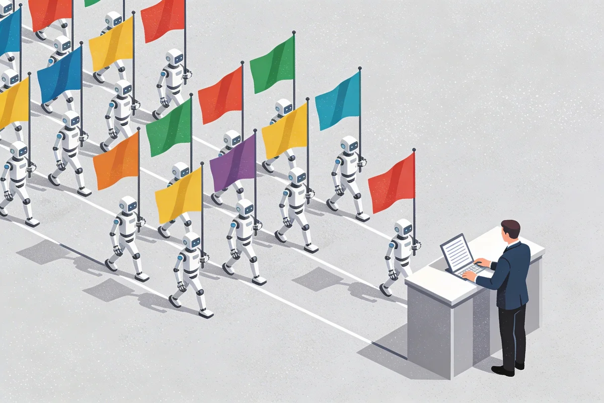 Illustration of AI crawler bots marching in formation approaching a registration checkpoint