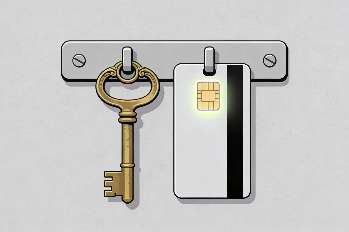 Illustration of an old brass skeleton key and a modern digital keycard hanging side by side on a rack